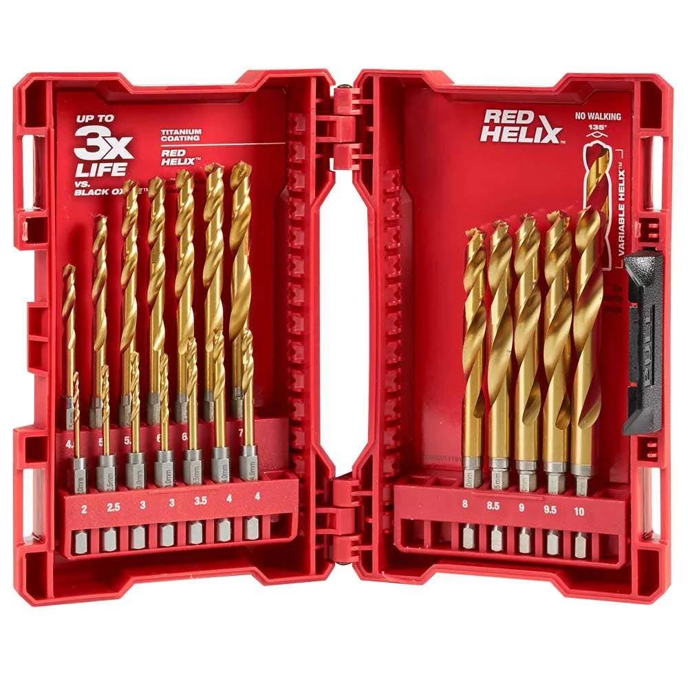 MILWAUKEE 2-10mm Metric 1/4-Hex Quick-Change HSS-TiN Jobber Drill Bit Set - RED-HELIX - 19 Piece
